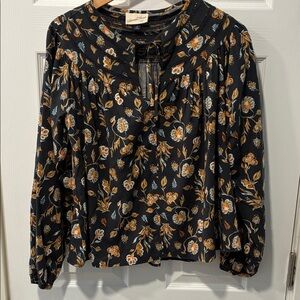 Universal Thread Black Floral Tie-Neck Peasant Blouse with Mustard & Cream